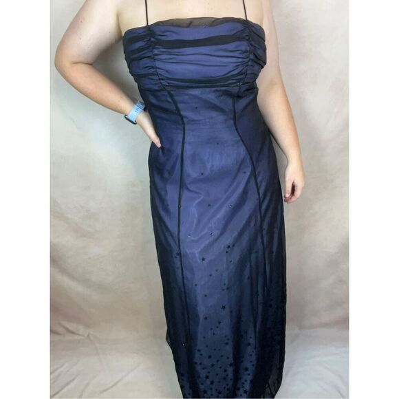 Vintage Celestial 90s Morgan & Co Formal Dress Blue Mesh Stars Whimsigoth Prom - Picture 1 of 11